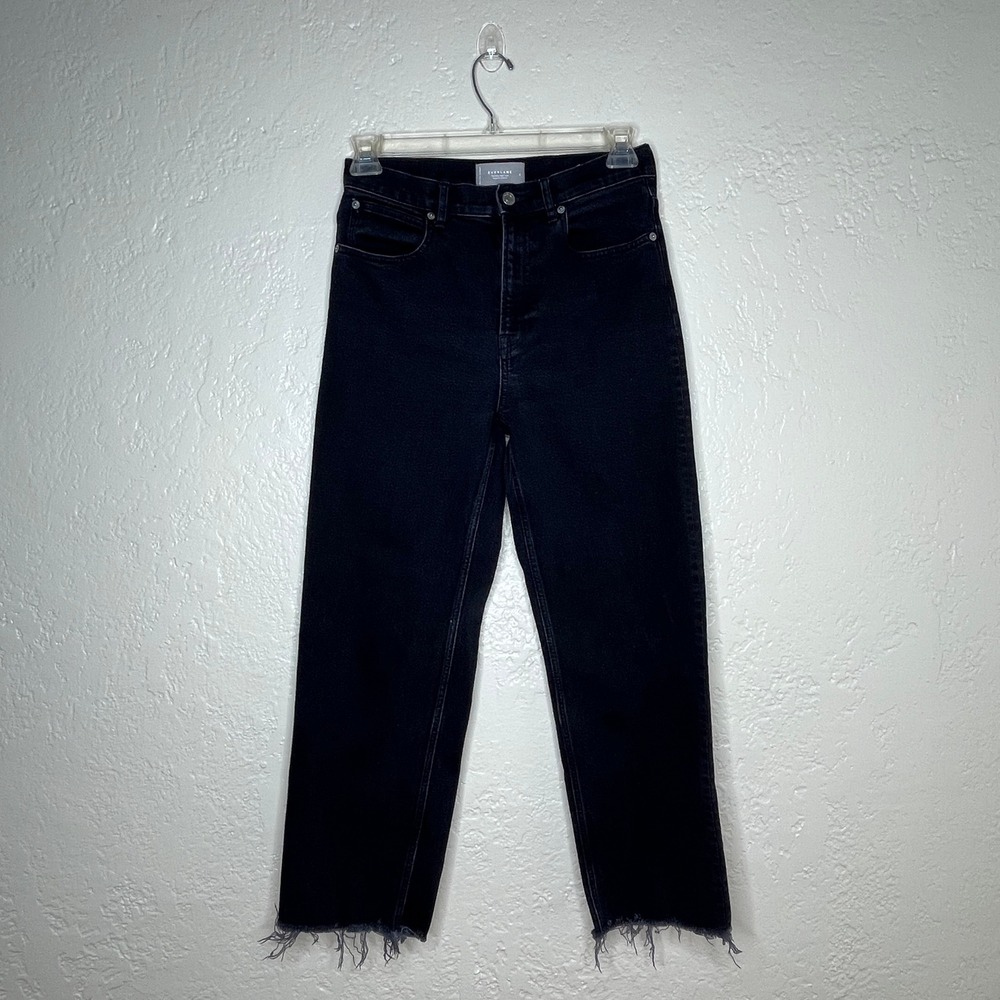 Everlane The Way High Jean Black Organic Cotton Raw Hem Straight Leg Size 28